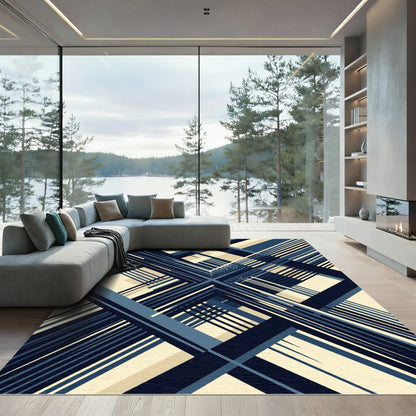 Navy Blue Plaid Geometric Overlay Rug