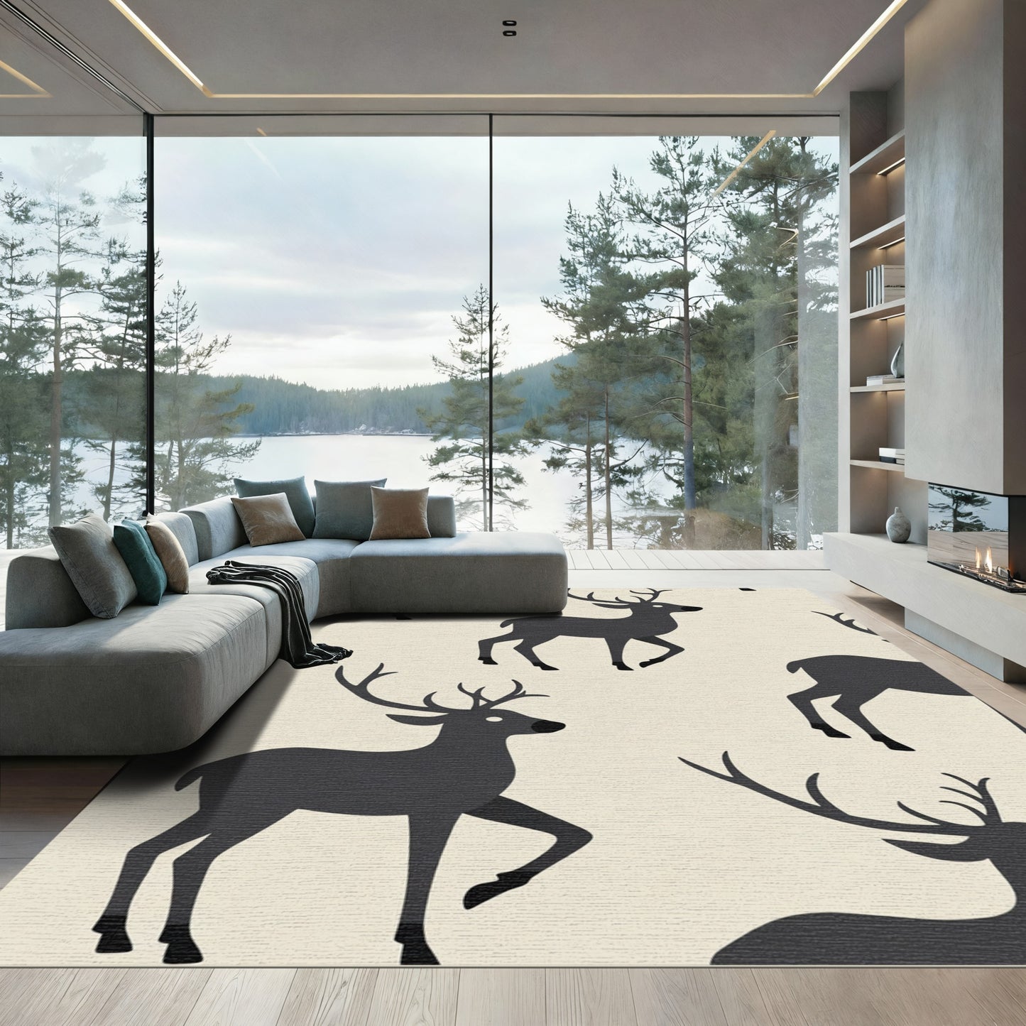 Dark Gray Deer Repeating Scenic Rug