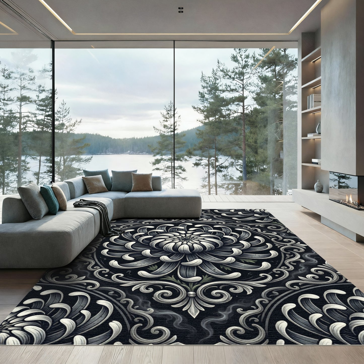 Monochrome Gothic Chrysanthemum Medallion Ornament Rug