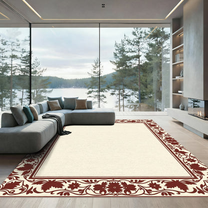 Embroidered Crimson Vine Floral Border Rug