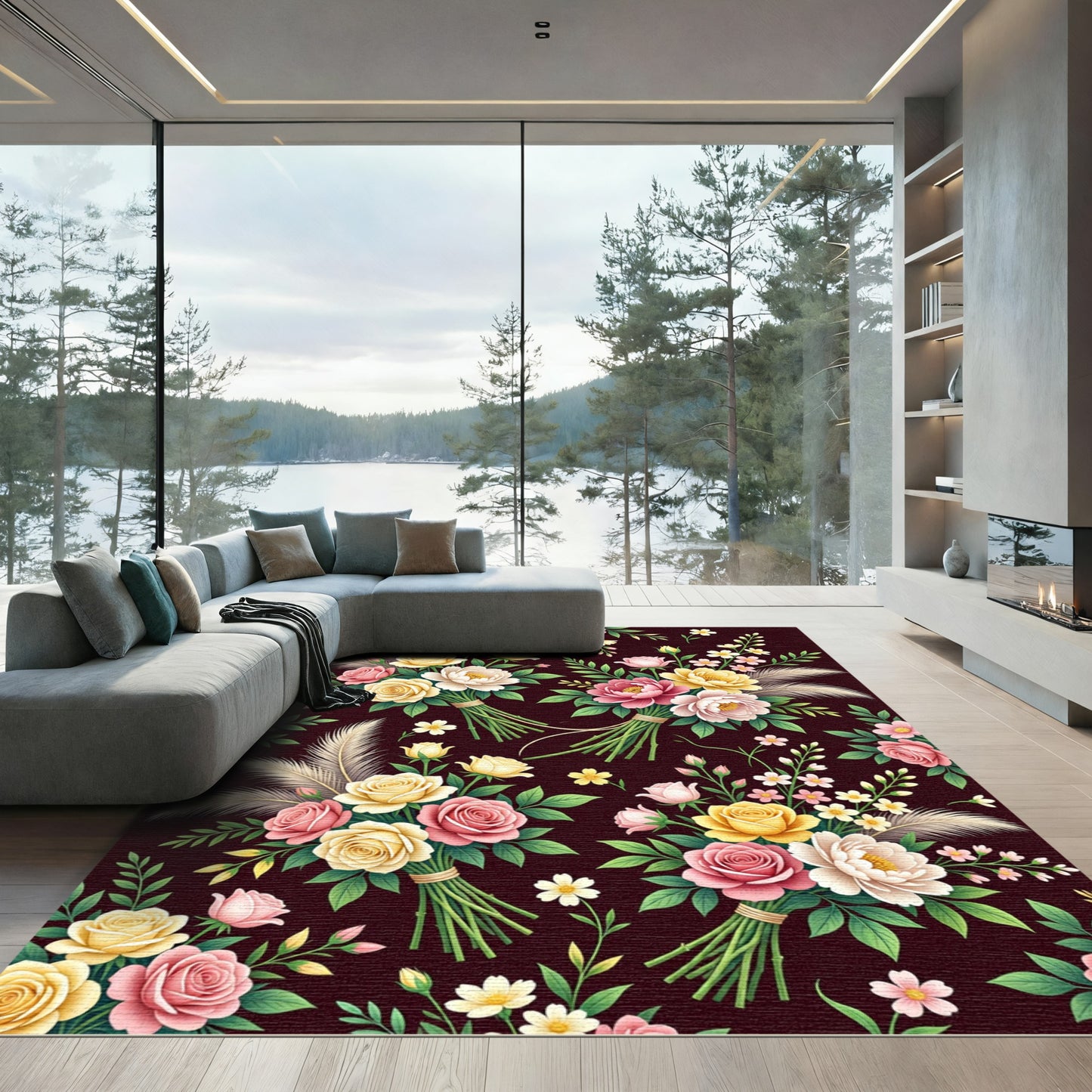 Romantic Floral Bouquet on Deep Plum Rug