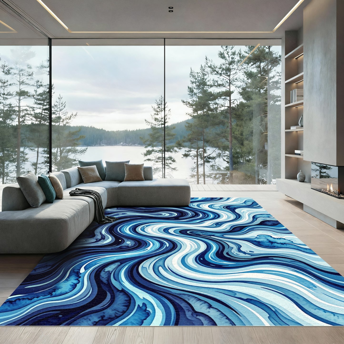 Deep Blue Swirling Marble Waves Rug
