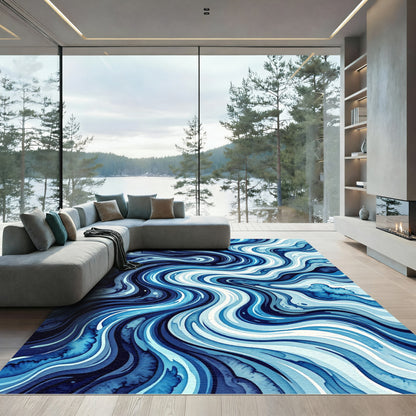 Deep Blue Swirling Marble Waves Rug