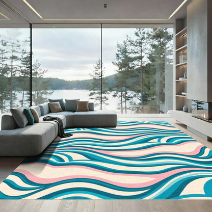 Cream Teal Pink Flowing Waves Rug