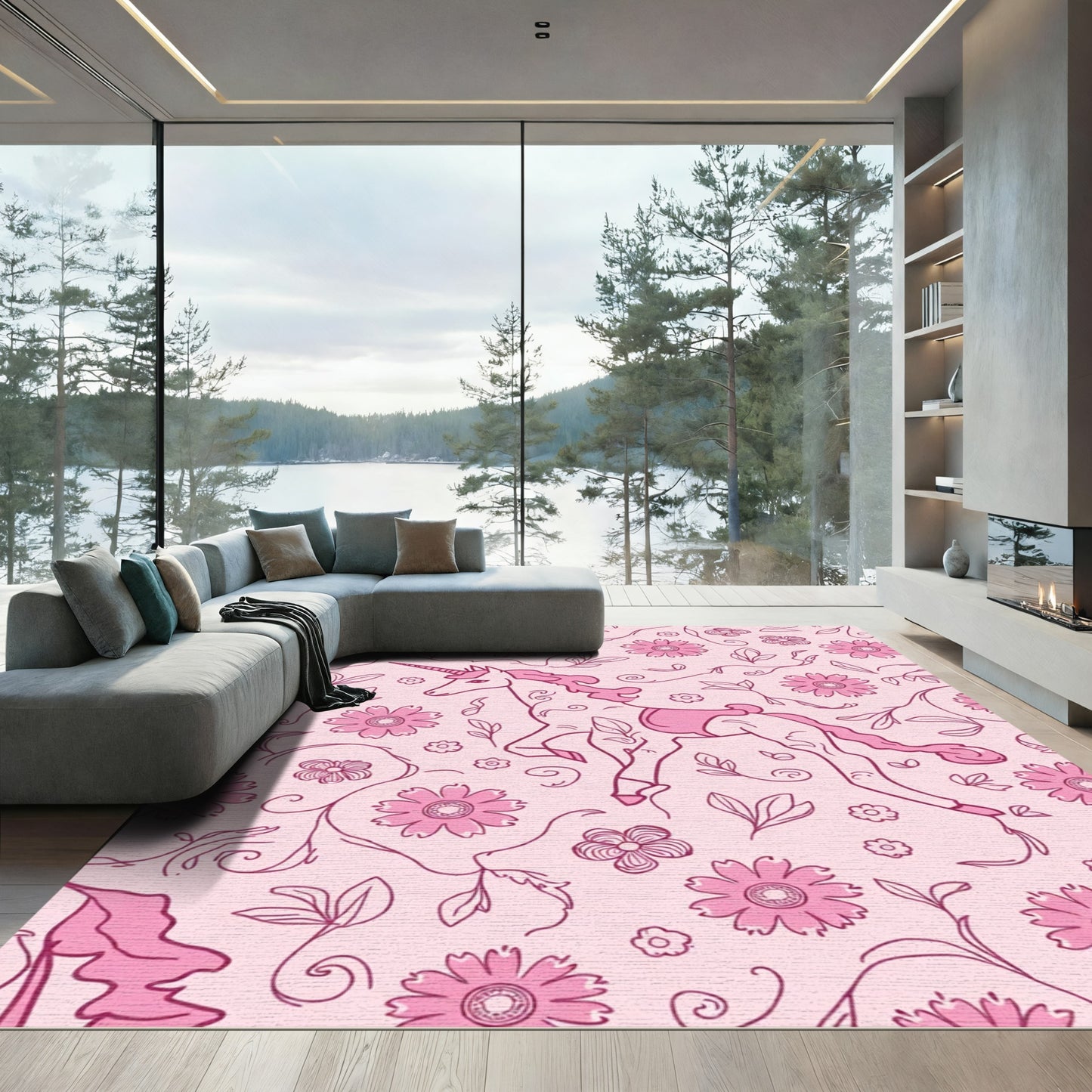 Whimsical Pink Unicorn Floral Meadow Rug