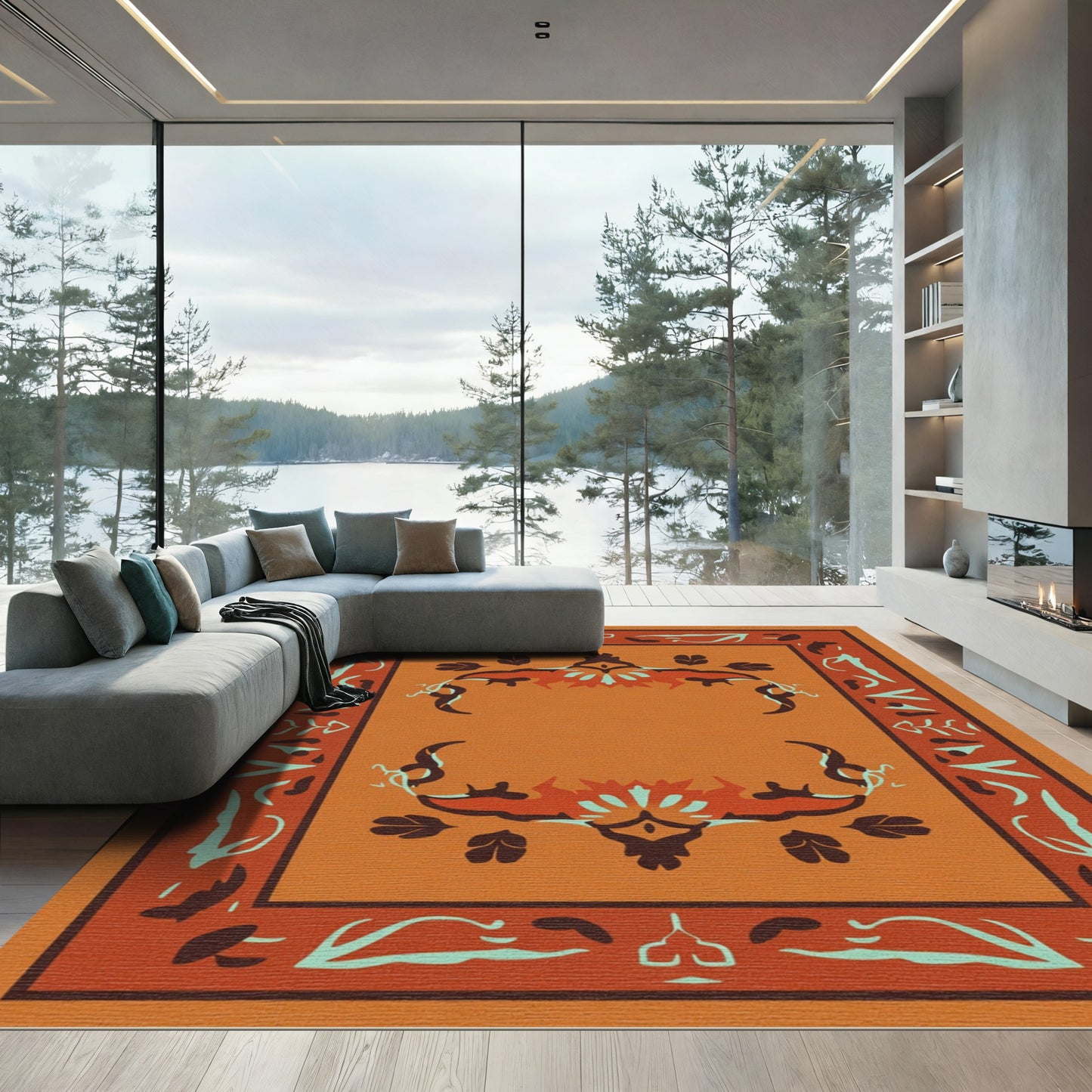 Amber Terracotta Floral Frame Rug