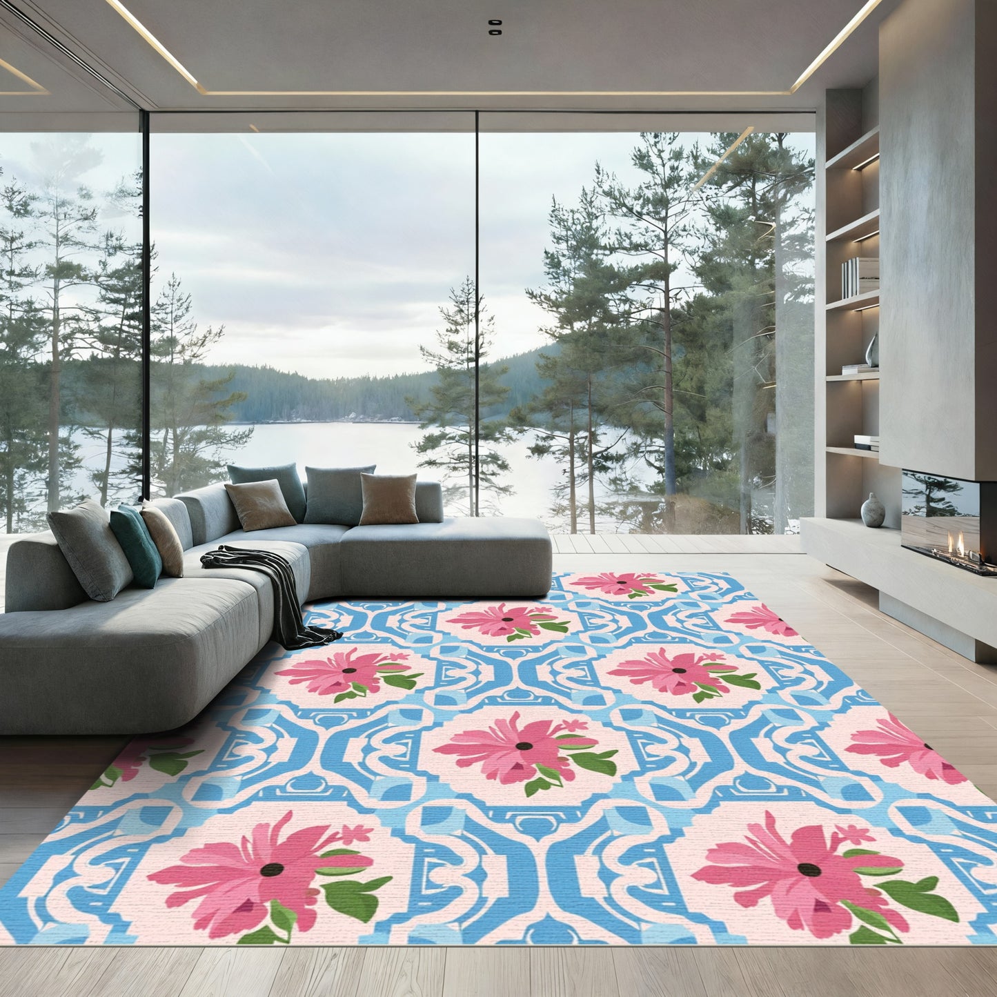 Pink Floral Blue Arch Medallion Rug
