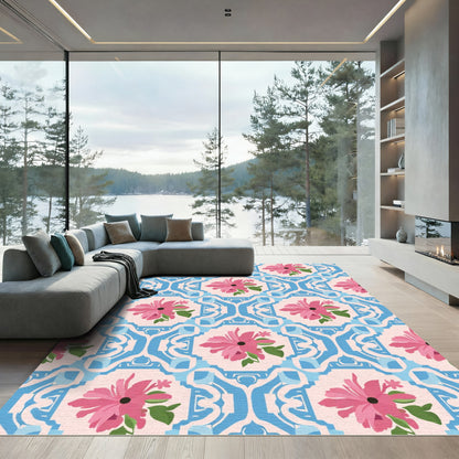 Pink Floral Blue Arch Medallion Rug