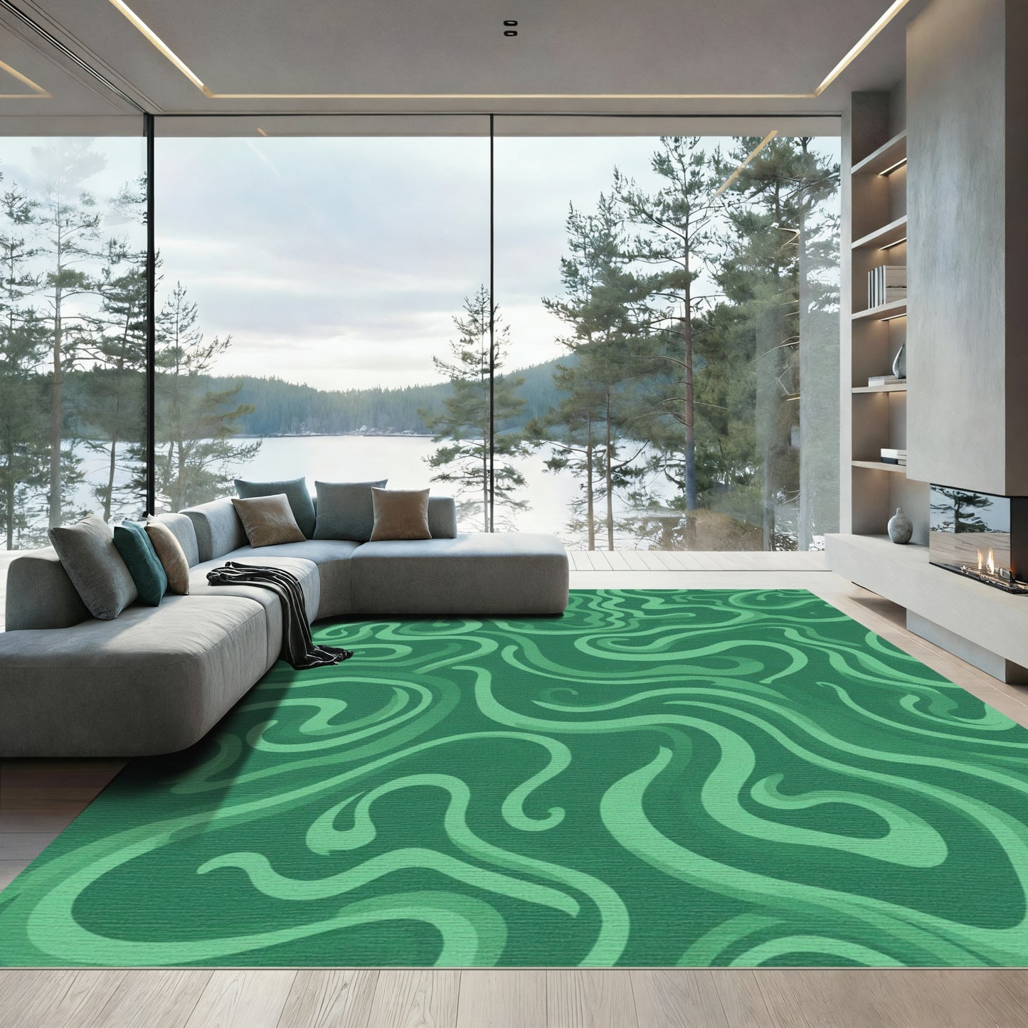 Deep Green Swirling Abstract Ribbons Rug