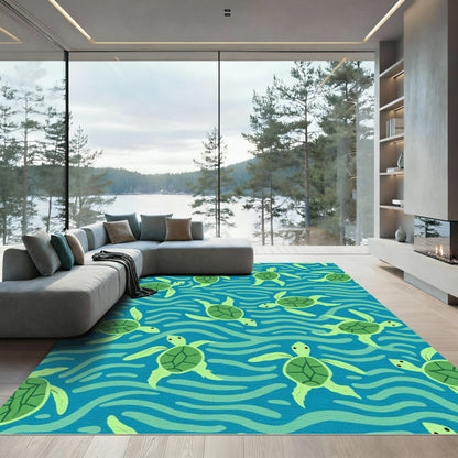 Playful Green Turtle Ocean Waves Rug