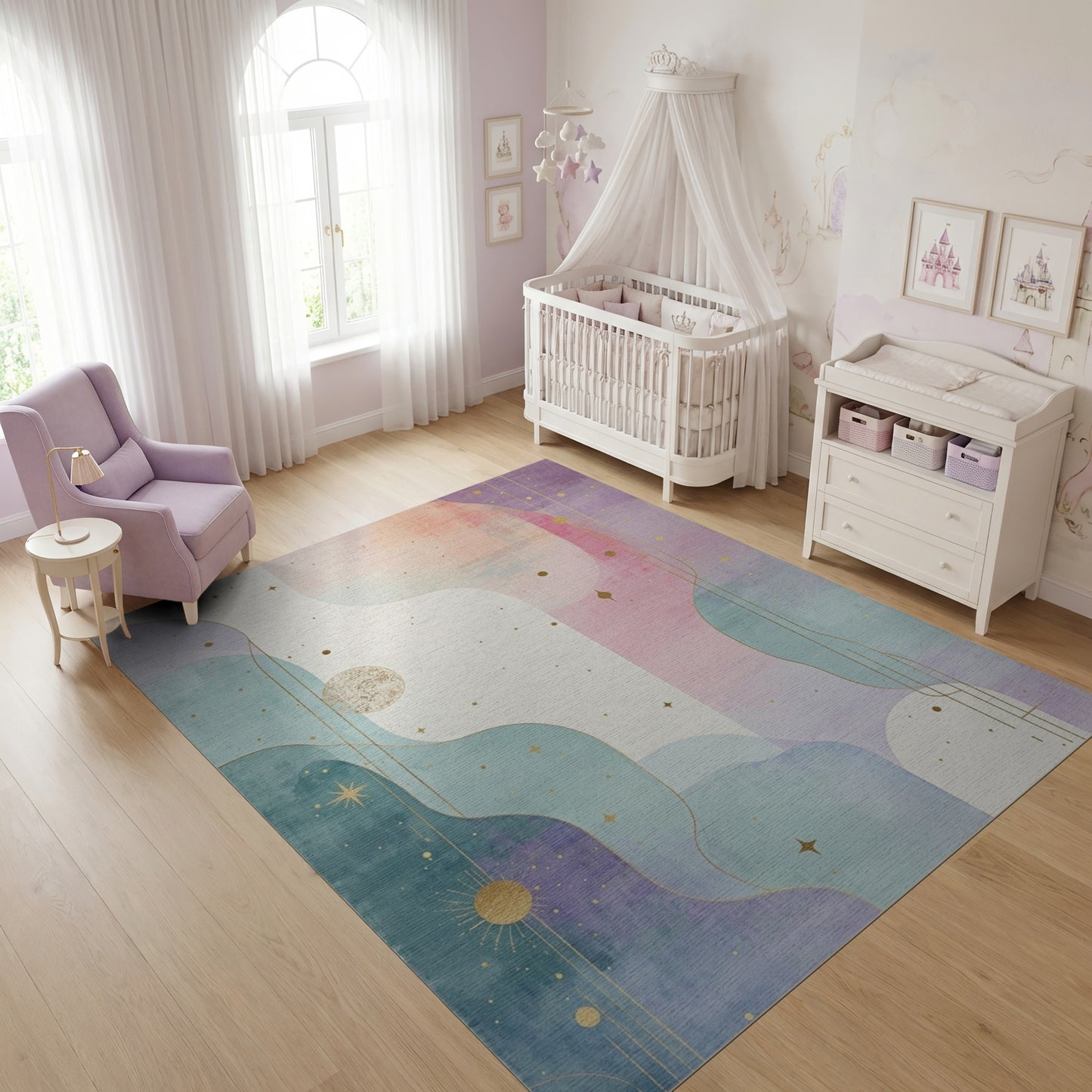 Ethereal Teal Purple Starry Waves Rug