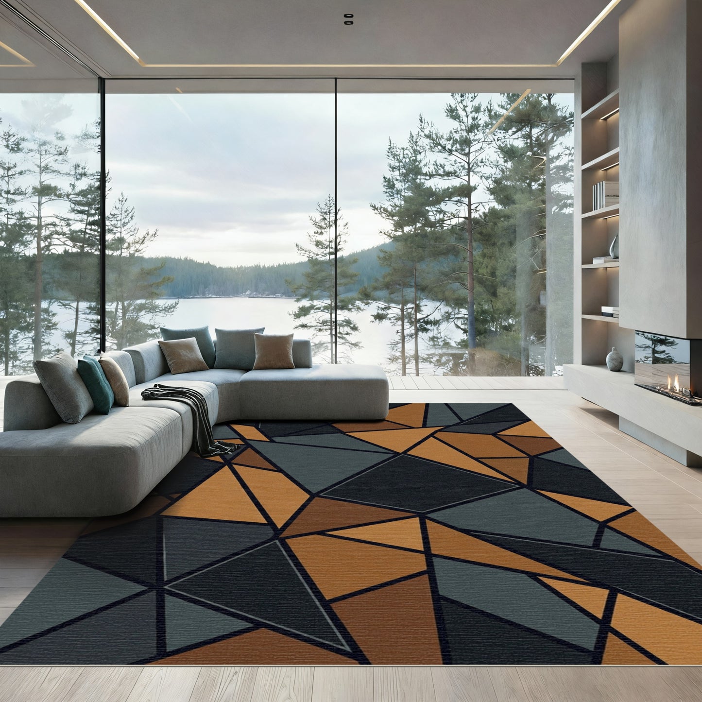 Geometric Ochre and Charcoal Angular Rug