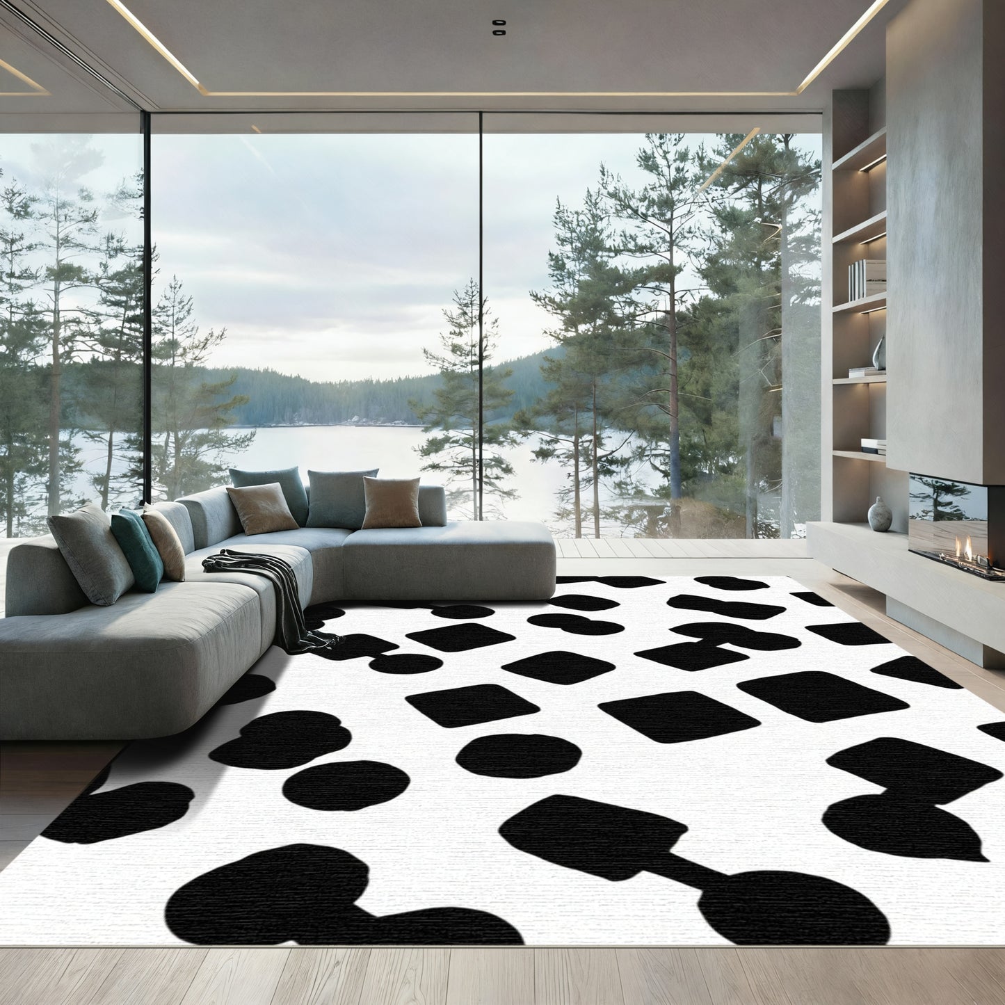 Abstract Black White Geometric Shapes Rug