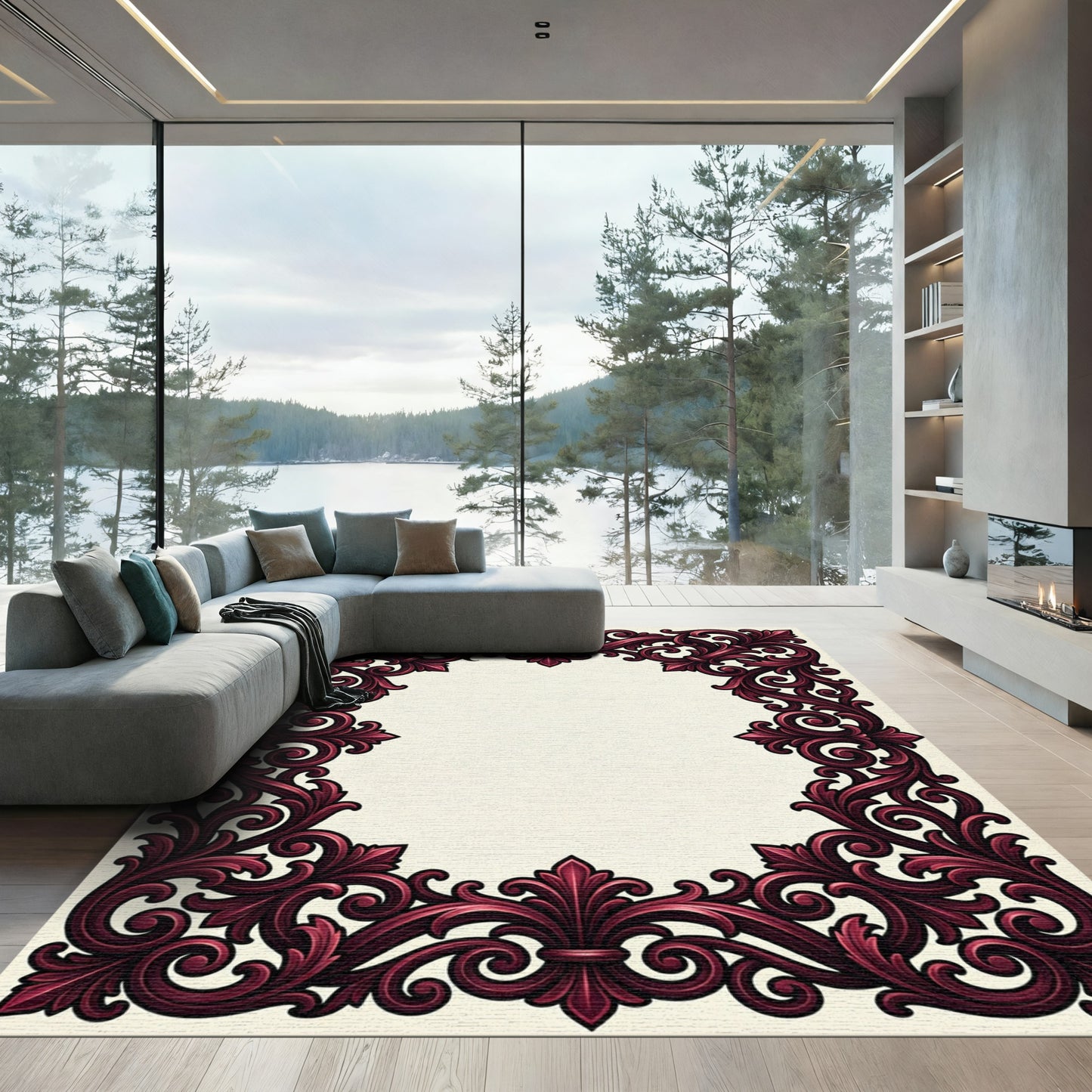 Elegant Maroon Baroque Scroll Border Rug