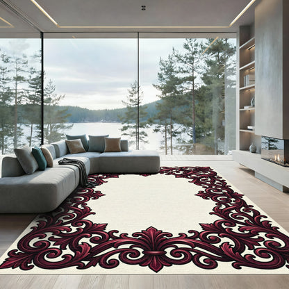 Elegant Maroon Baroque Scroll Border Rug