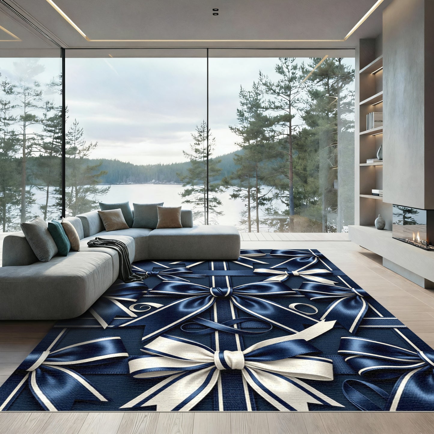 Elegant Navy Satin Ribbon Bows Rug