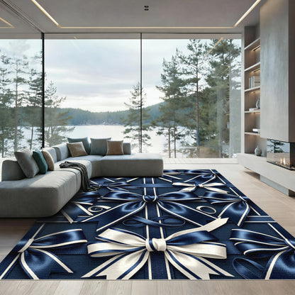 Elegant Navy Satin Ribbon Bows Rug