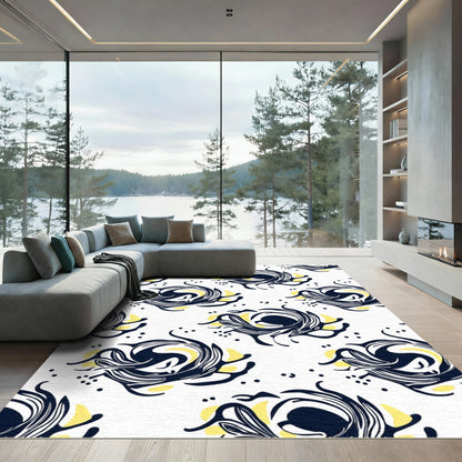 Navy Blue Yellow Abstract Swirl Rug