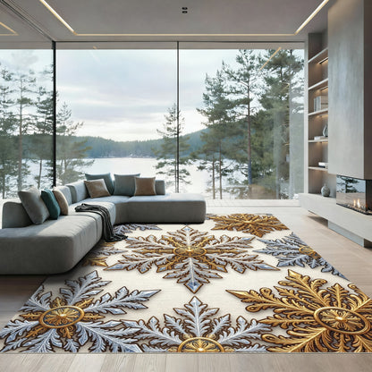 Metallic Gold and Silver Winter Snowflake Rug