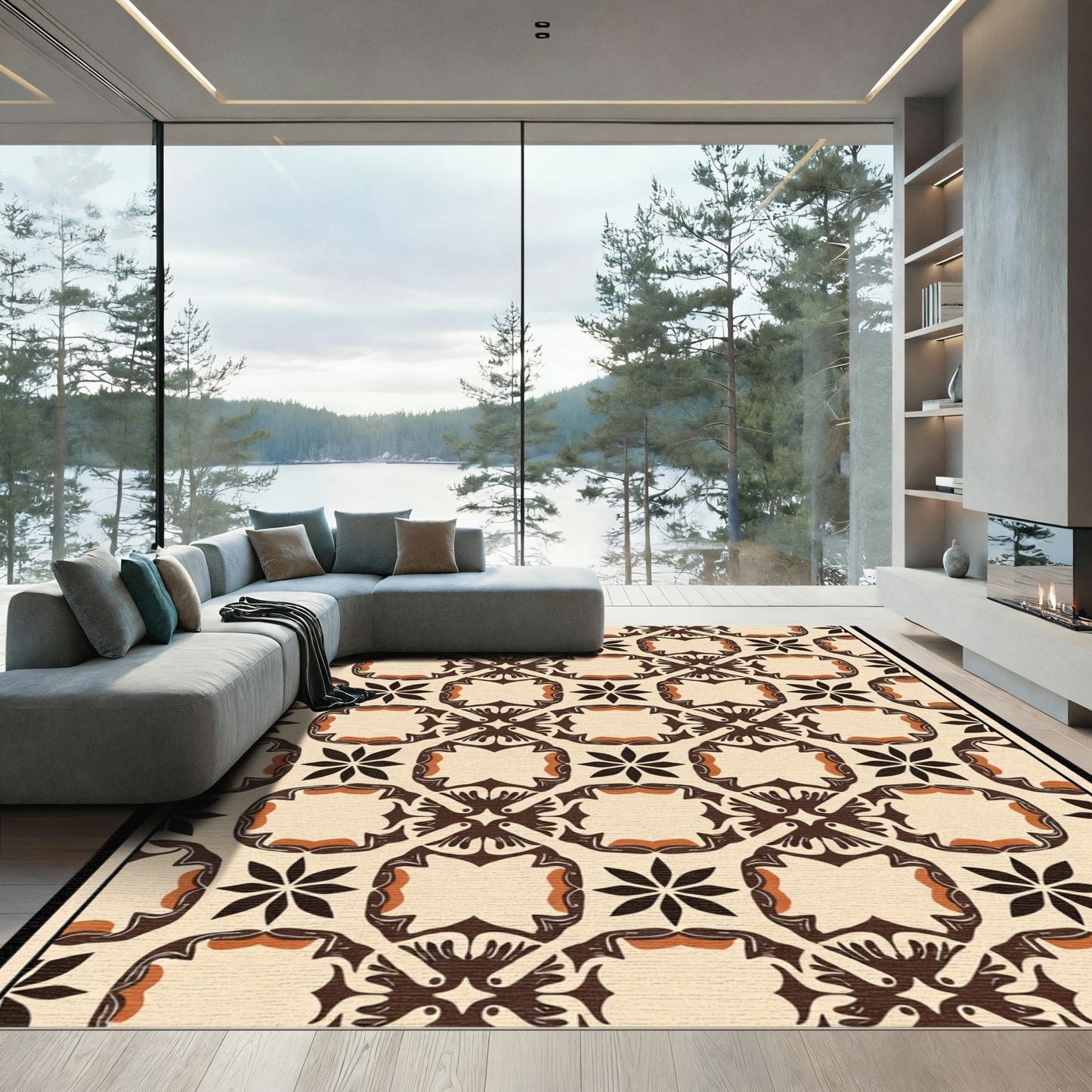 Brown Cream Geometric Floral Lattice Rug