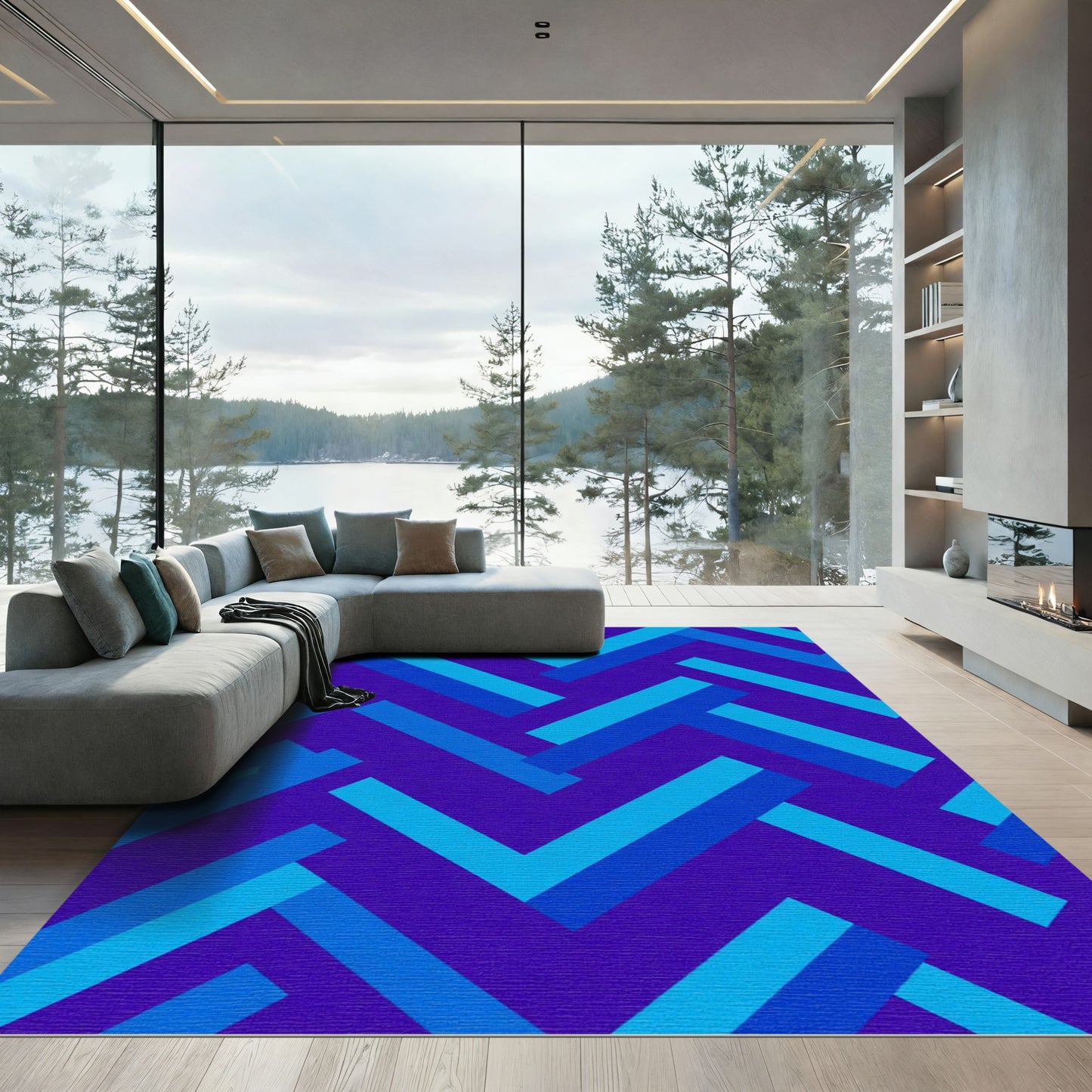 Deep Blue Geometric Herringbone Rug