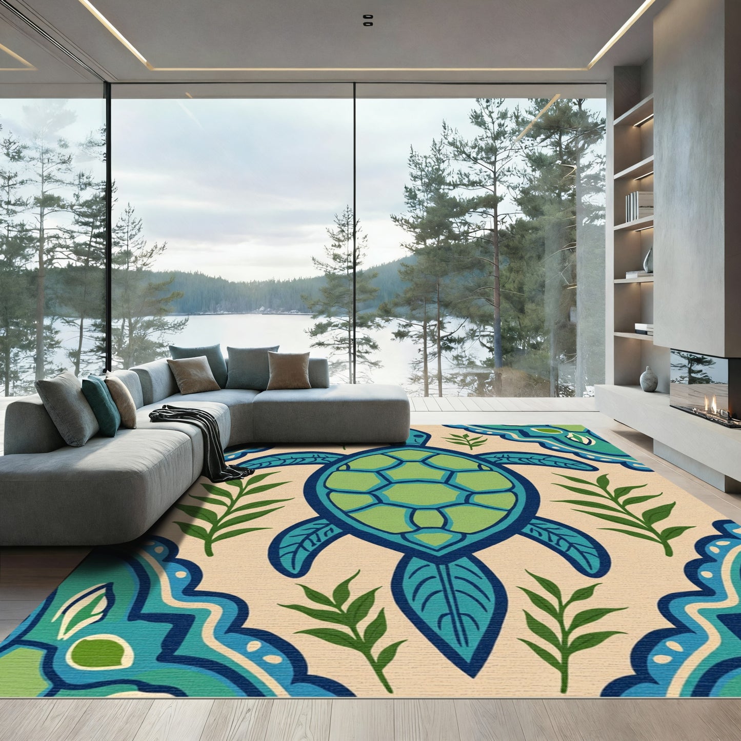 Coastal Blue Green Turtle Foliage Rug