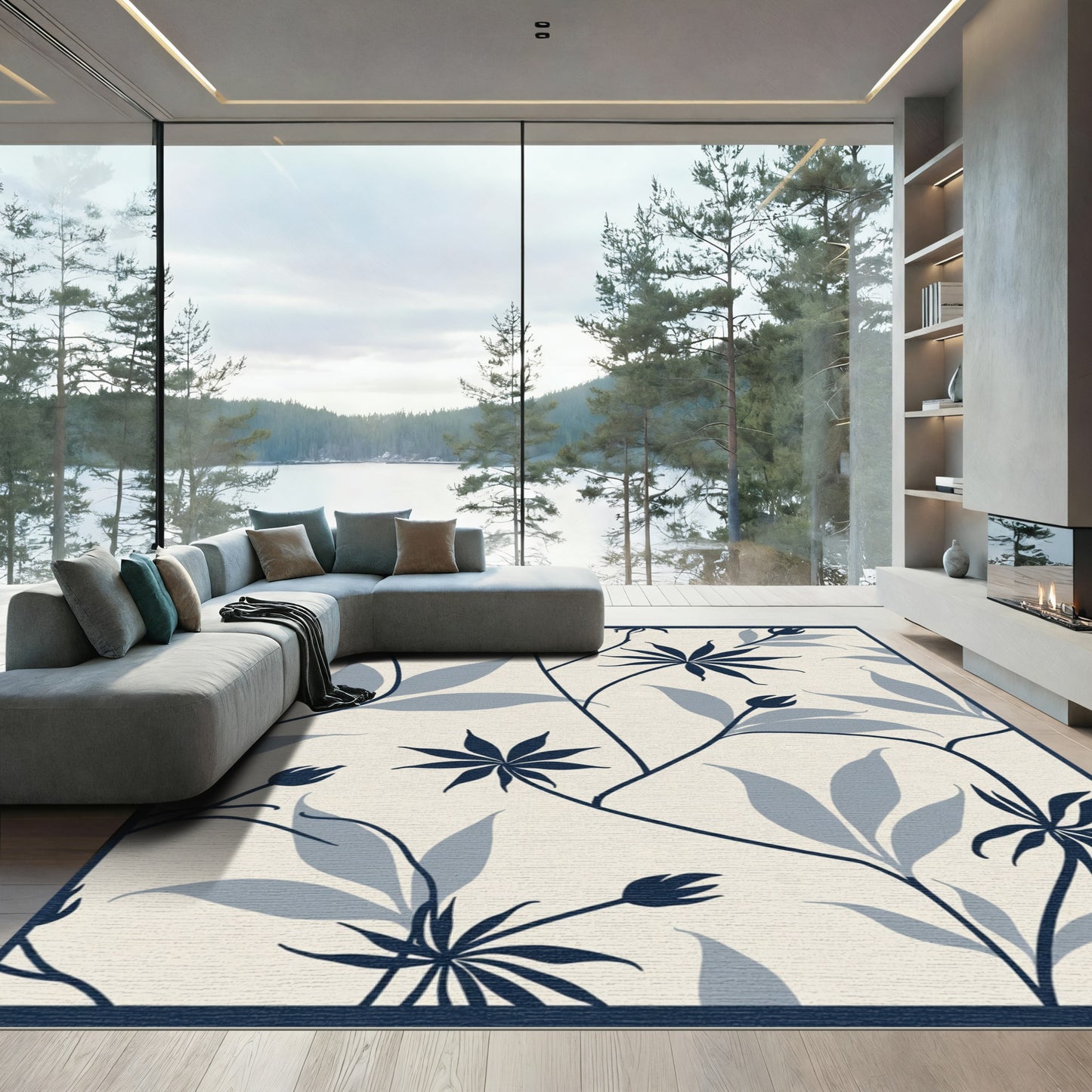 Navy Blue Botanical Garden Flowing Vines Rug