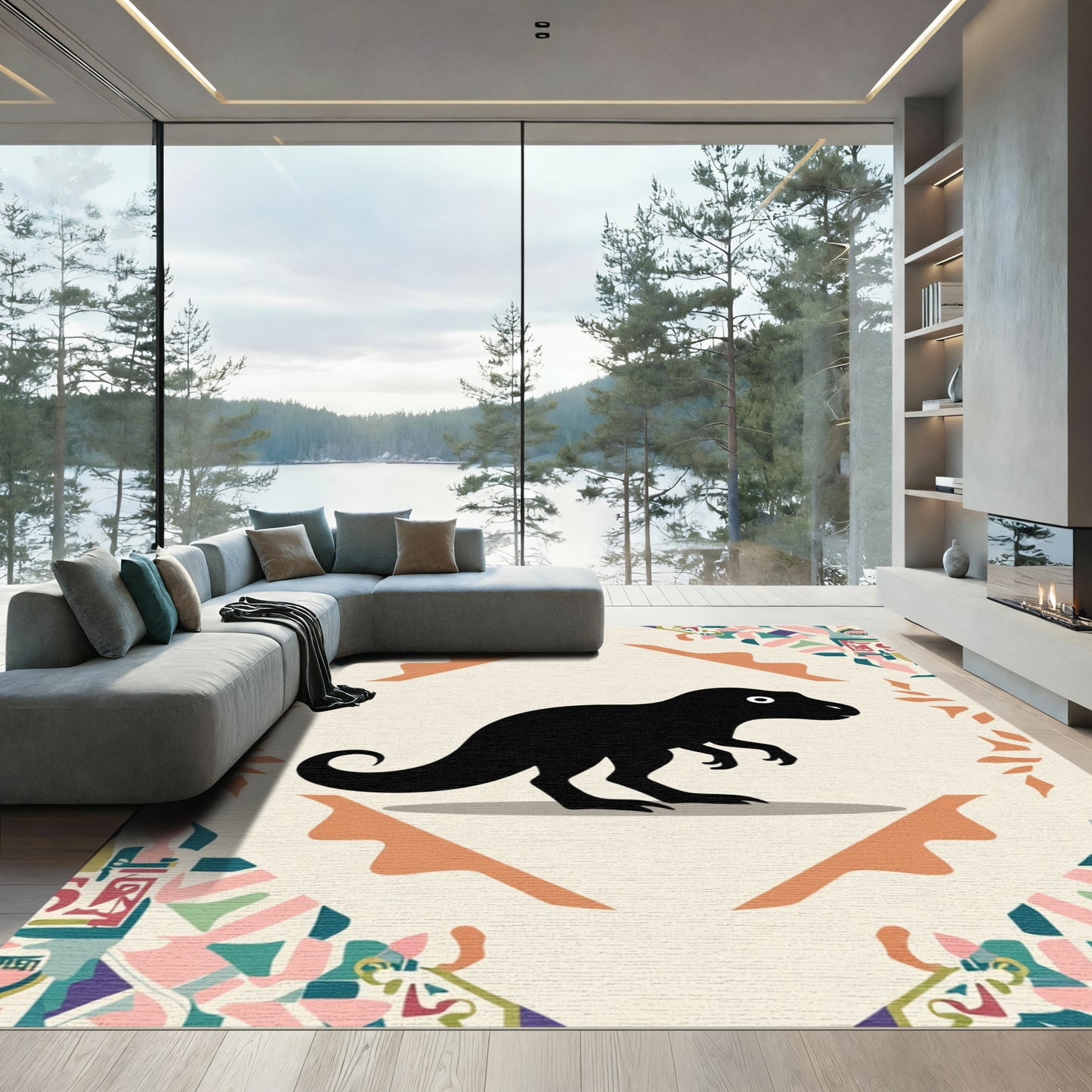 Playful Black Dinosaur Geometric Border Rug