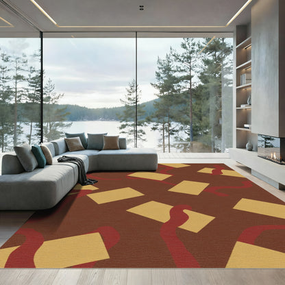 Gold Tan Rectangles Red Swirl Rug