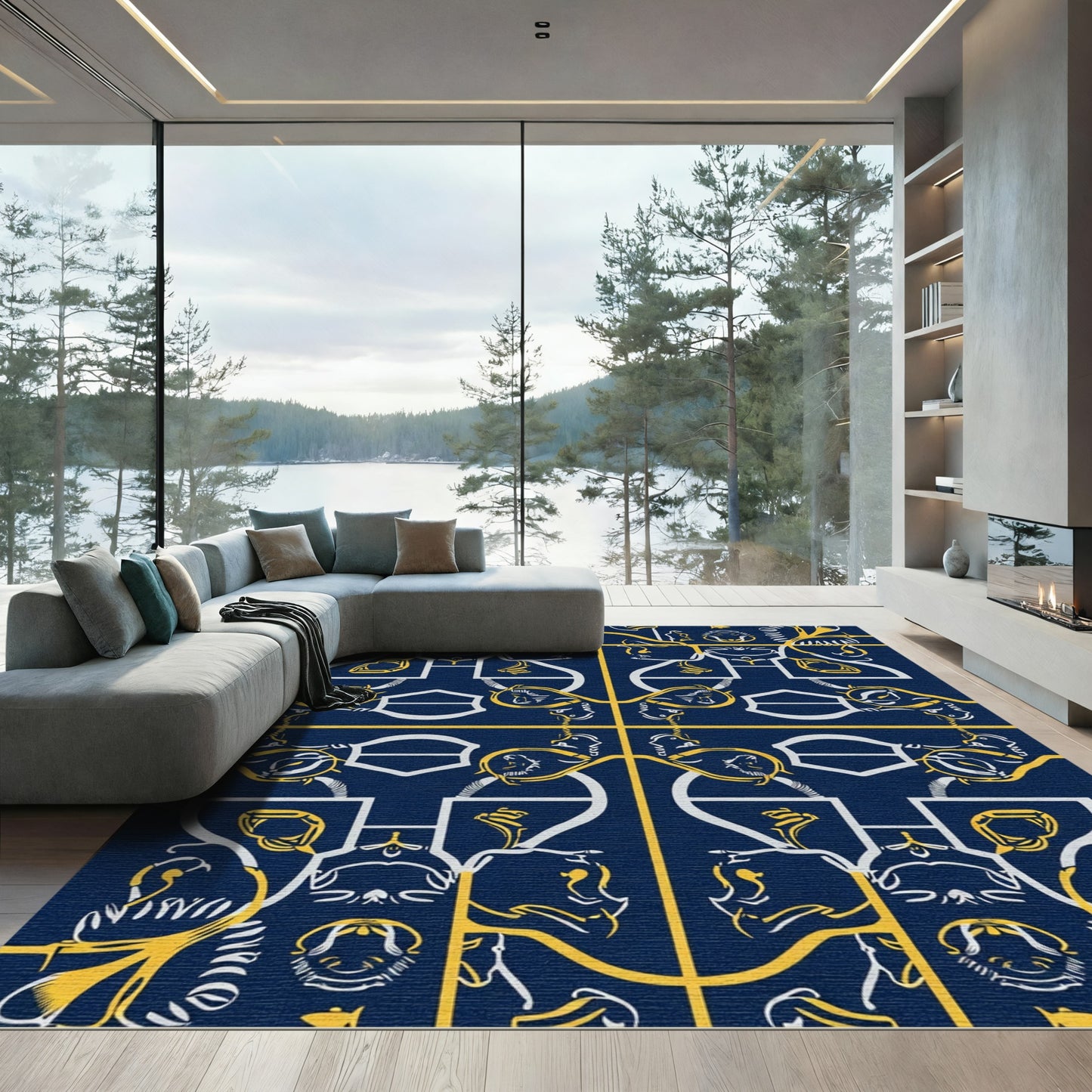 Dark Blue Yellow White Medallion Rug