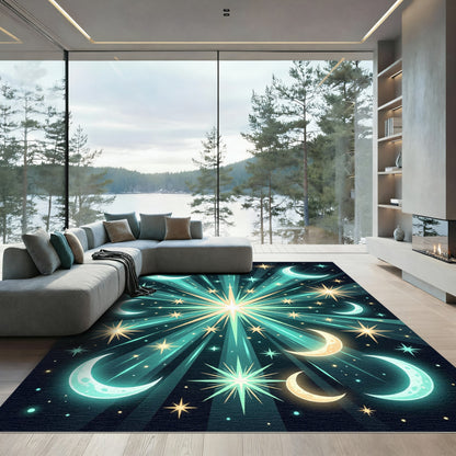 Celestial Turquoise Crescent Moon Stars Rug