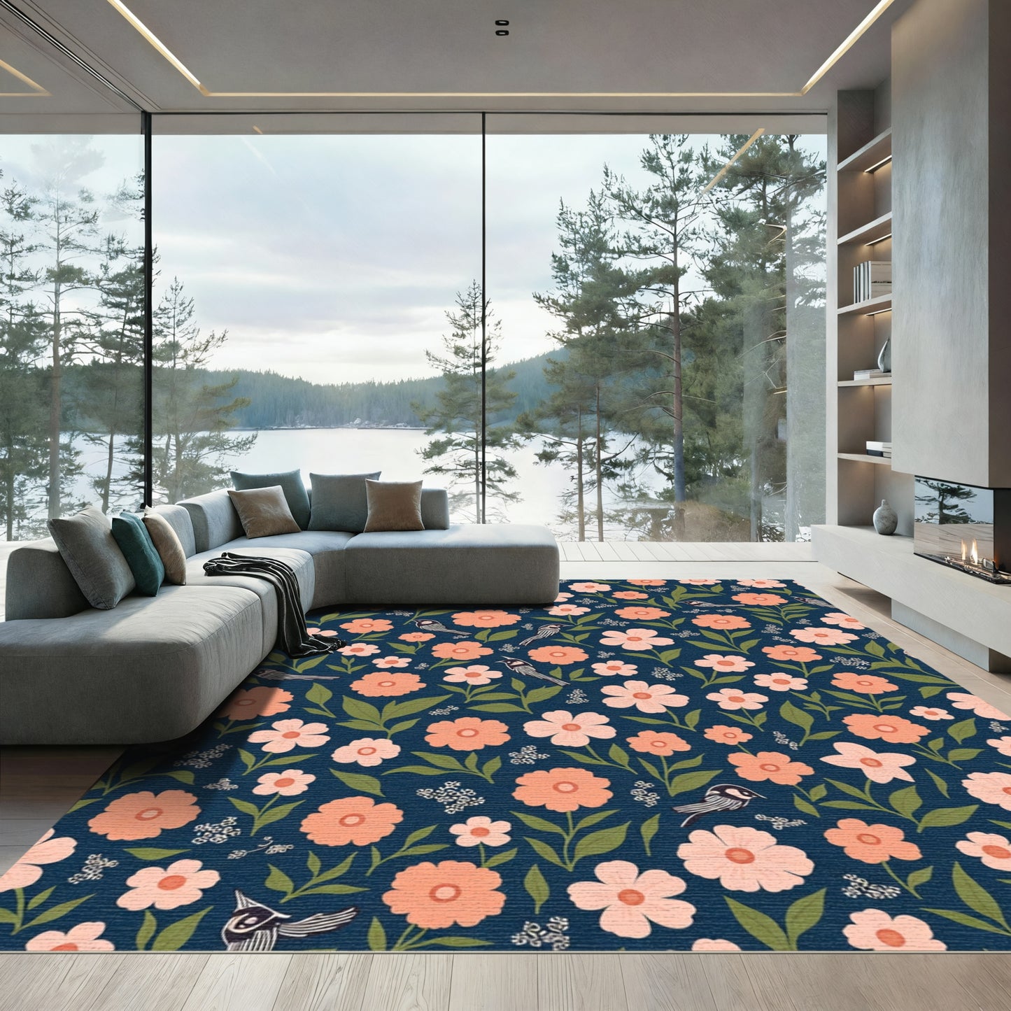 Coral Blossom Birds Navy Background Rug