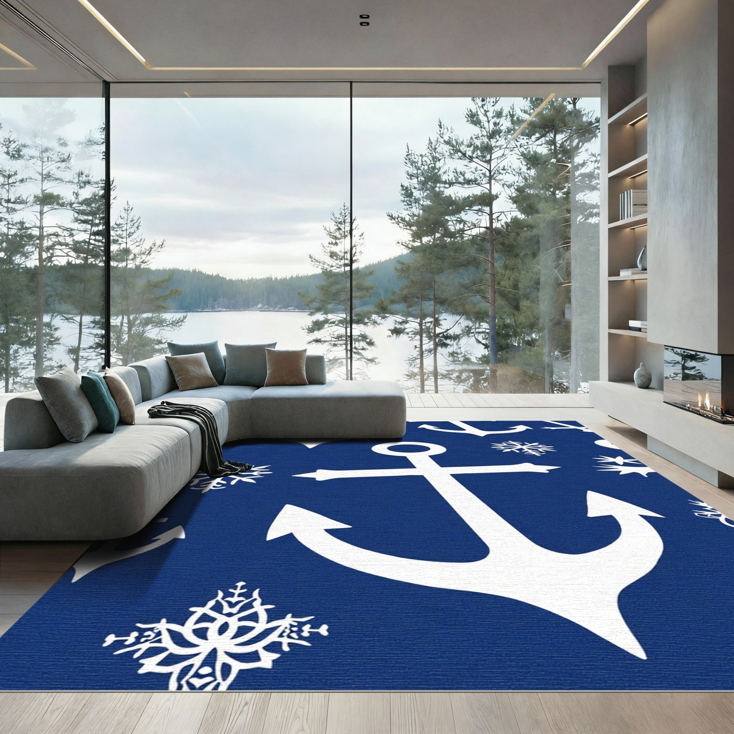 White Anchor Snowflake Navy Rug