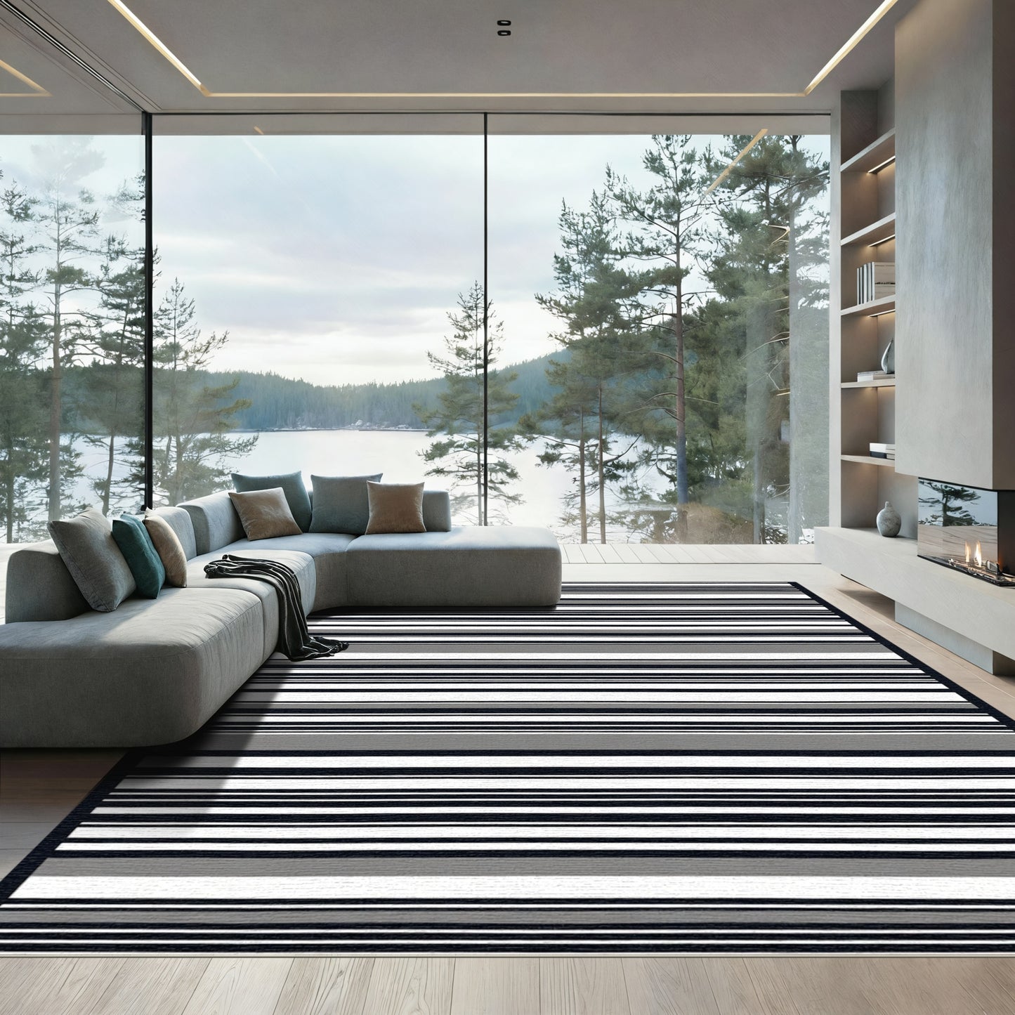 Modern Black Gray White Striped Rug