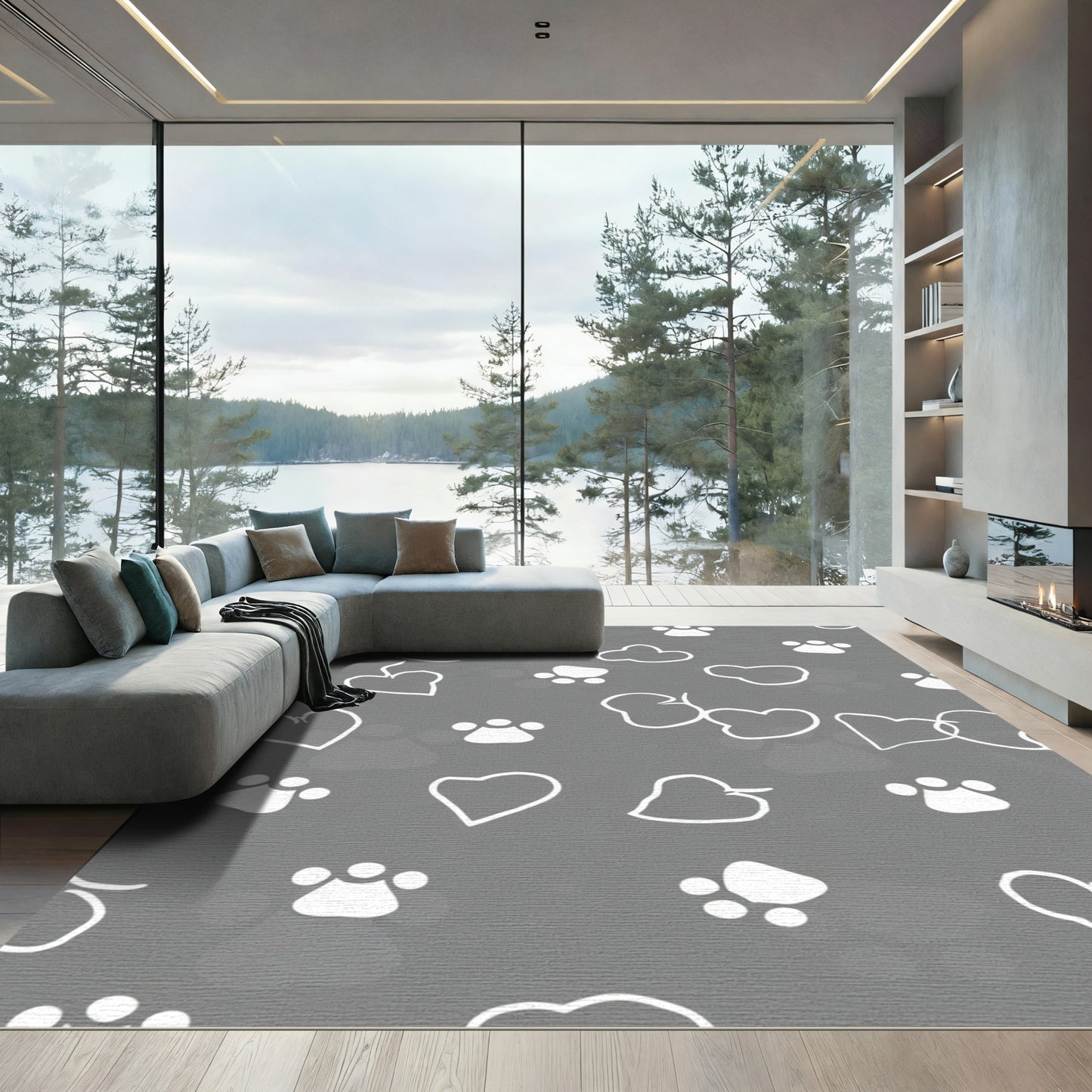 White Hearts and Paws Grey Rug