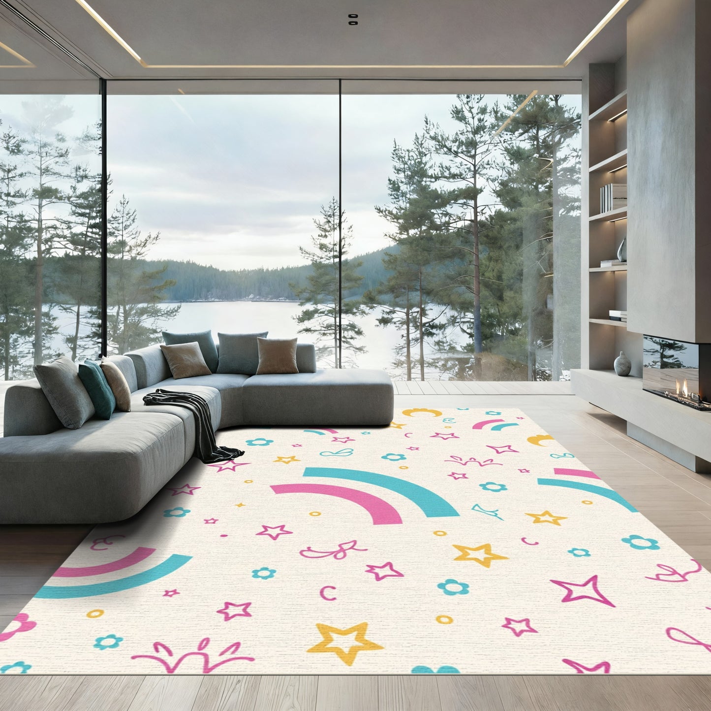 Pastel Rainbow Stars and Flowers Rug