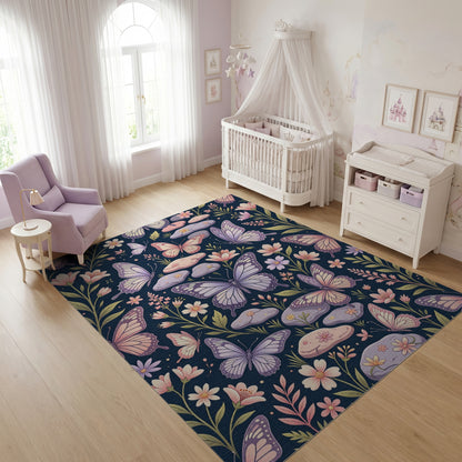 Whimsical Lavender Butterfly Floral Stones Rug
