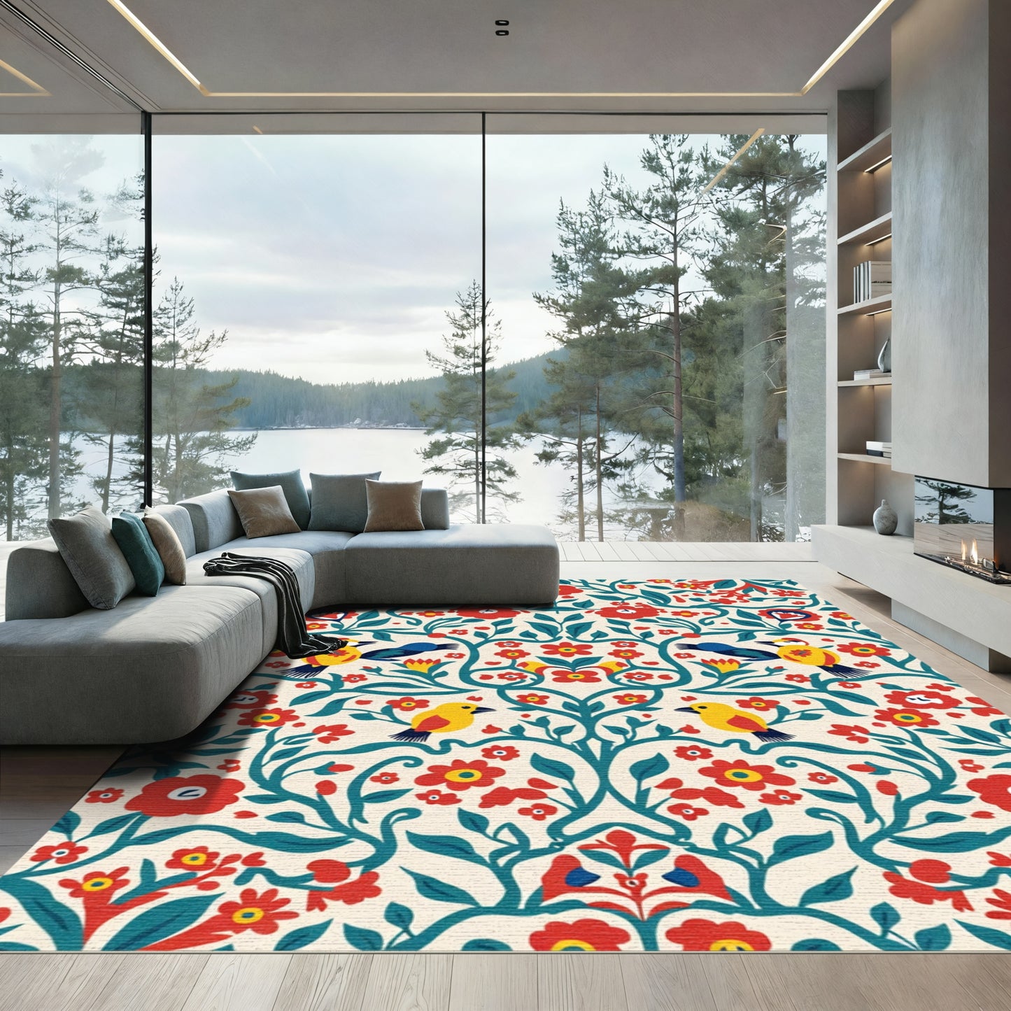 Folk Art Birds Red Floral Vine Rug