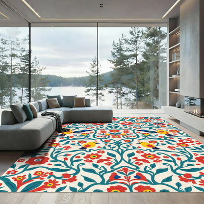 Folk Art Birds Red Floral Vine Rug