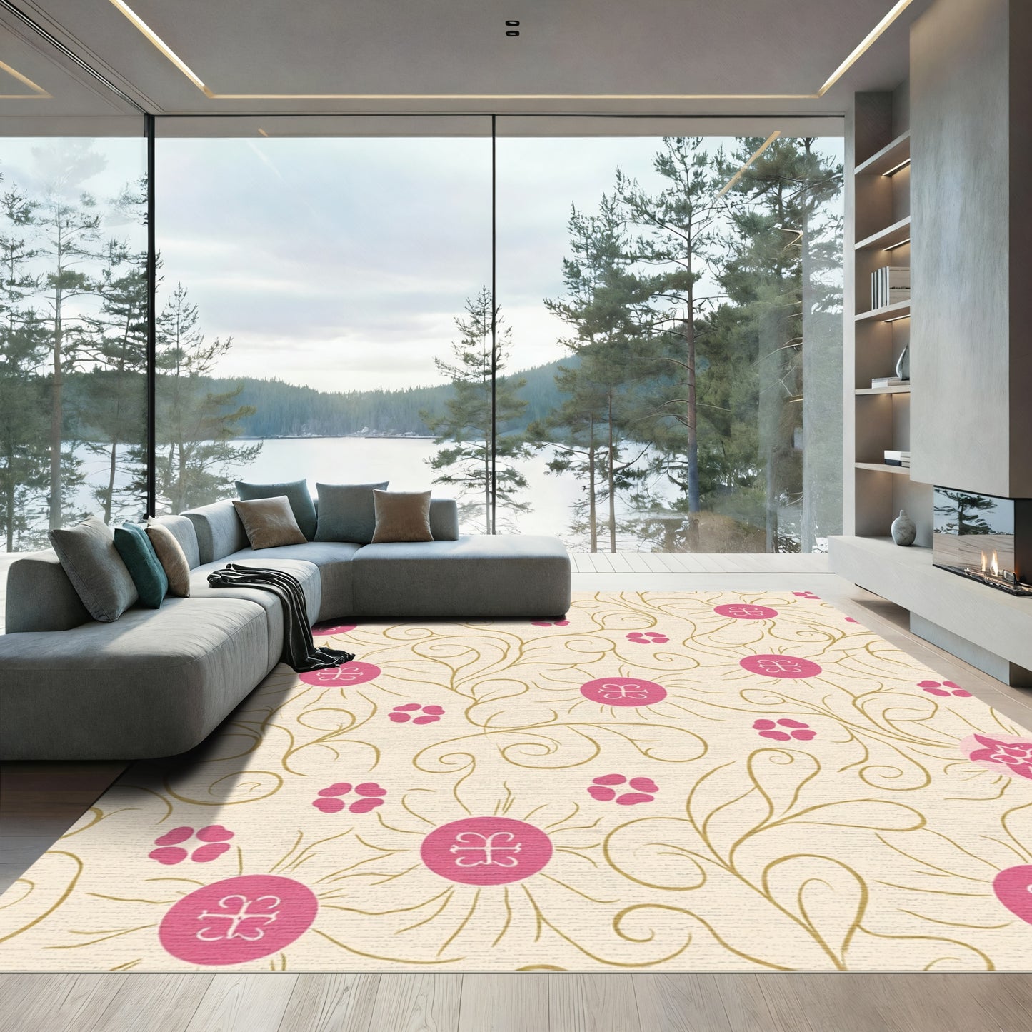 Pink Medallion Floral Swirl Cream Rug