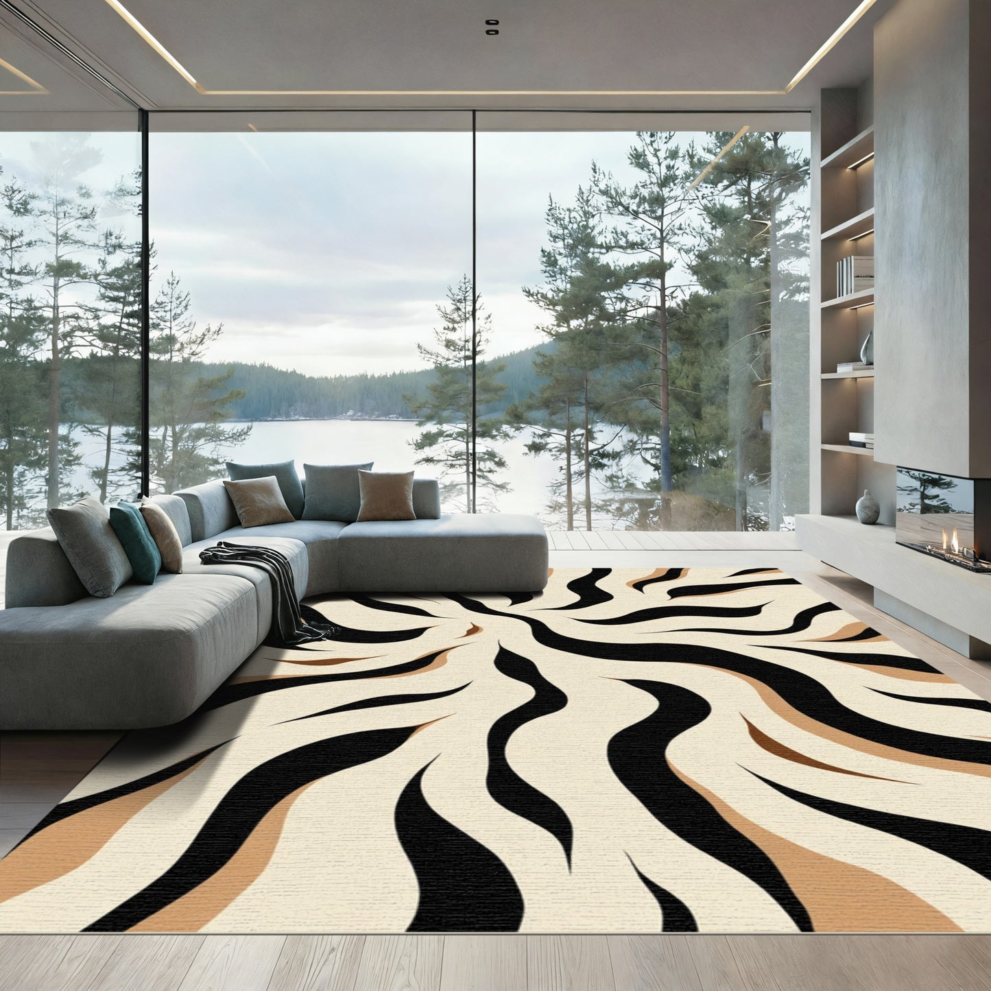 Black Beige Swirling Animal Print Rug