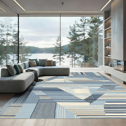 Blue Cream Geometric Abstract Patchwork Rug