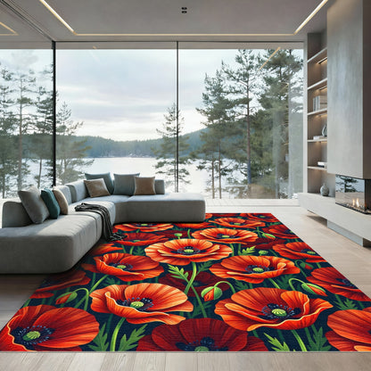 Vibrant Red Poppy Floral Meadow Rug