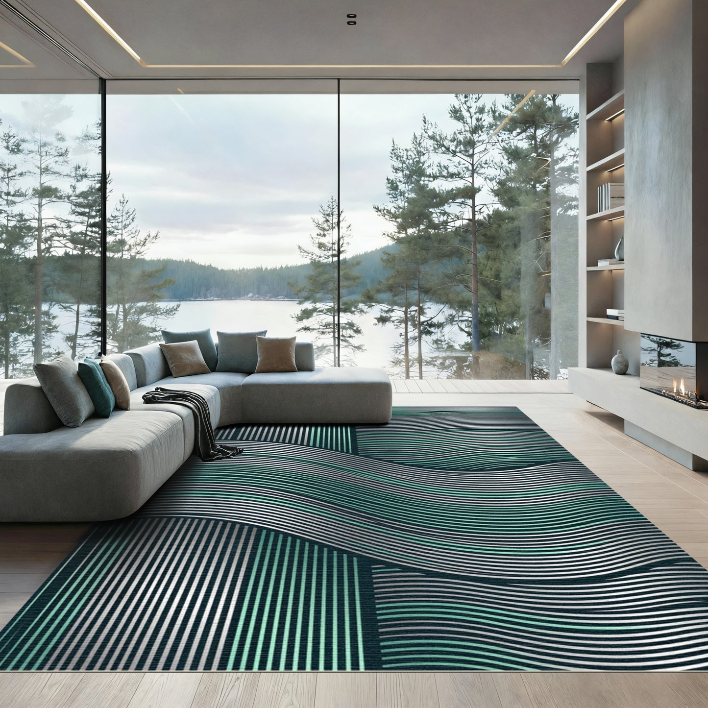 Modern Teal and Silver Wavy Lines Rug