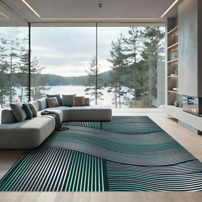 Modern Teal and Silver Wavy Lines Rug