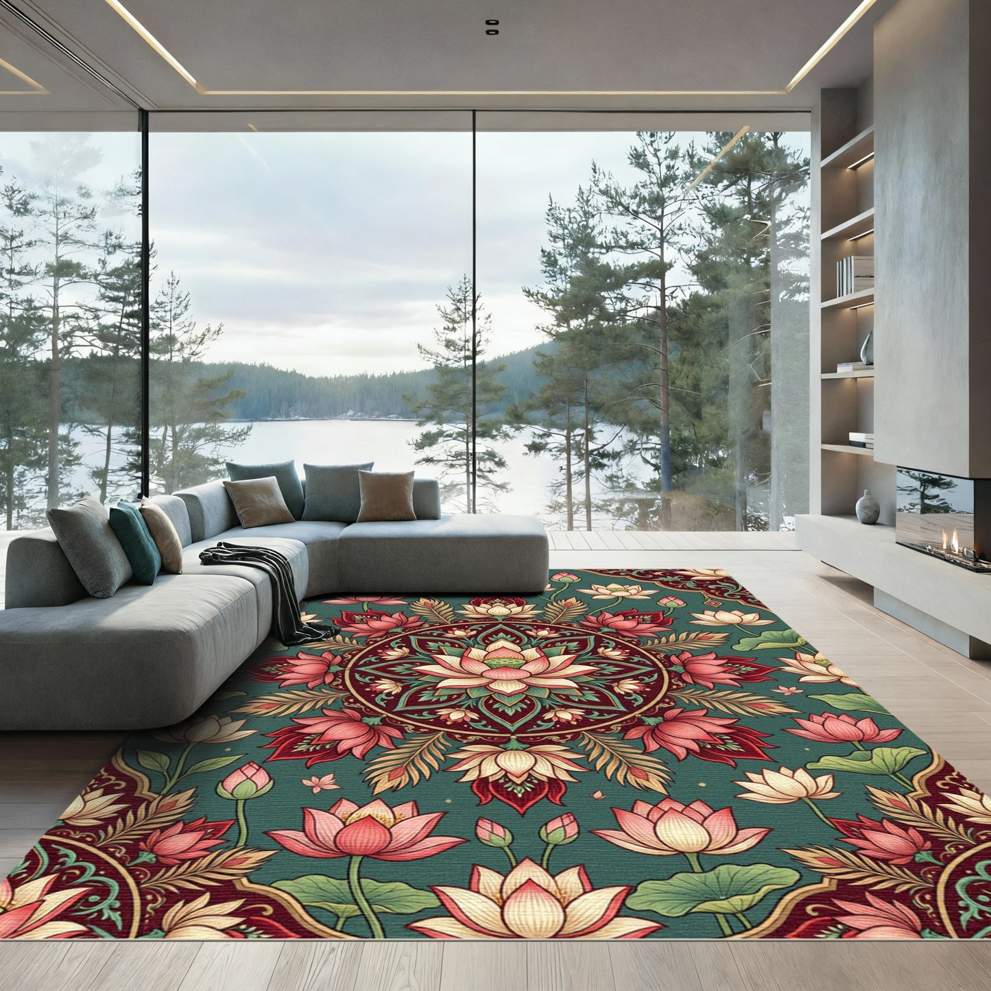 Crimson Lotus Garden Mandala Rug