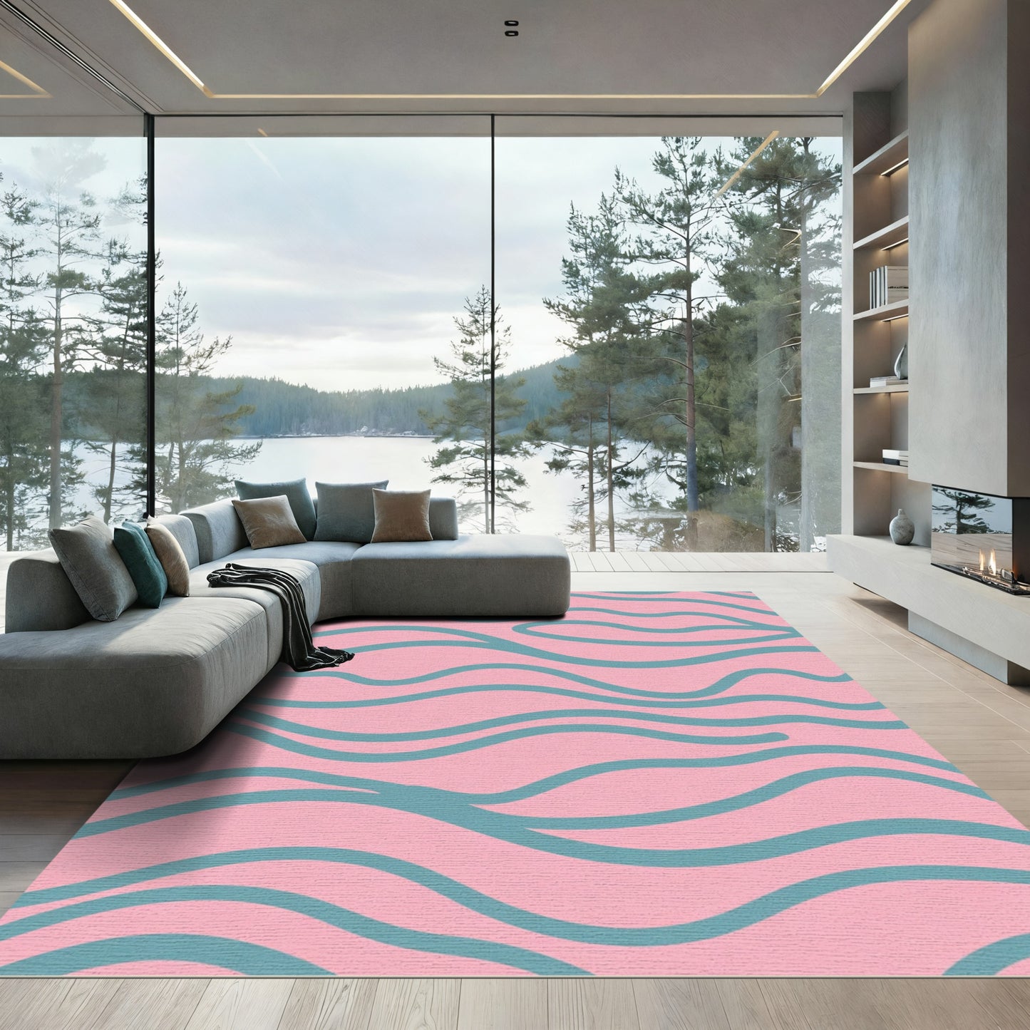Blush Teal Abstract Wavy Lines Rug