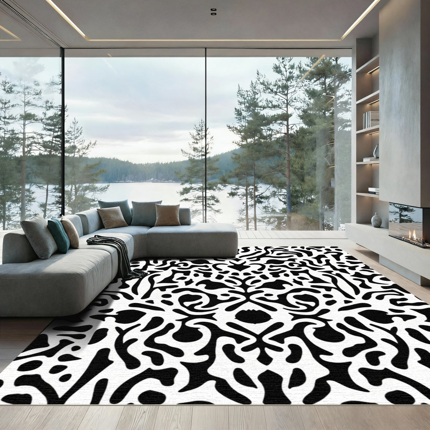 Bold Black And White Organic Symmetry Rug