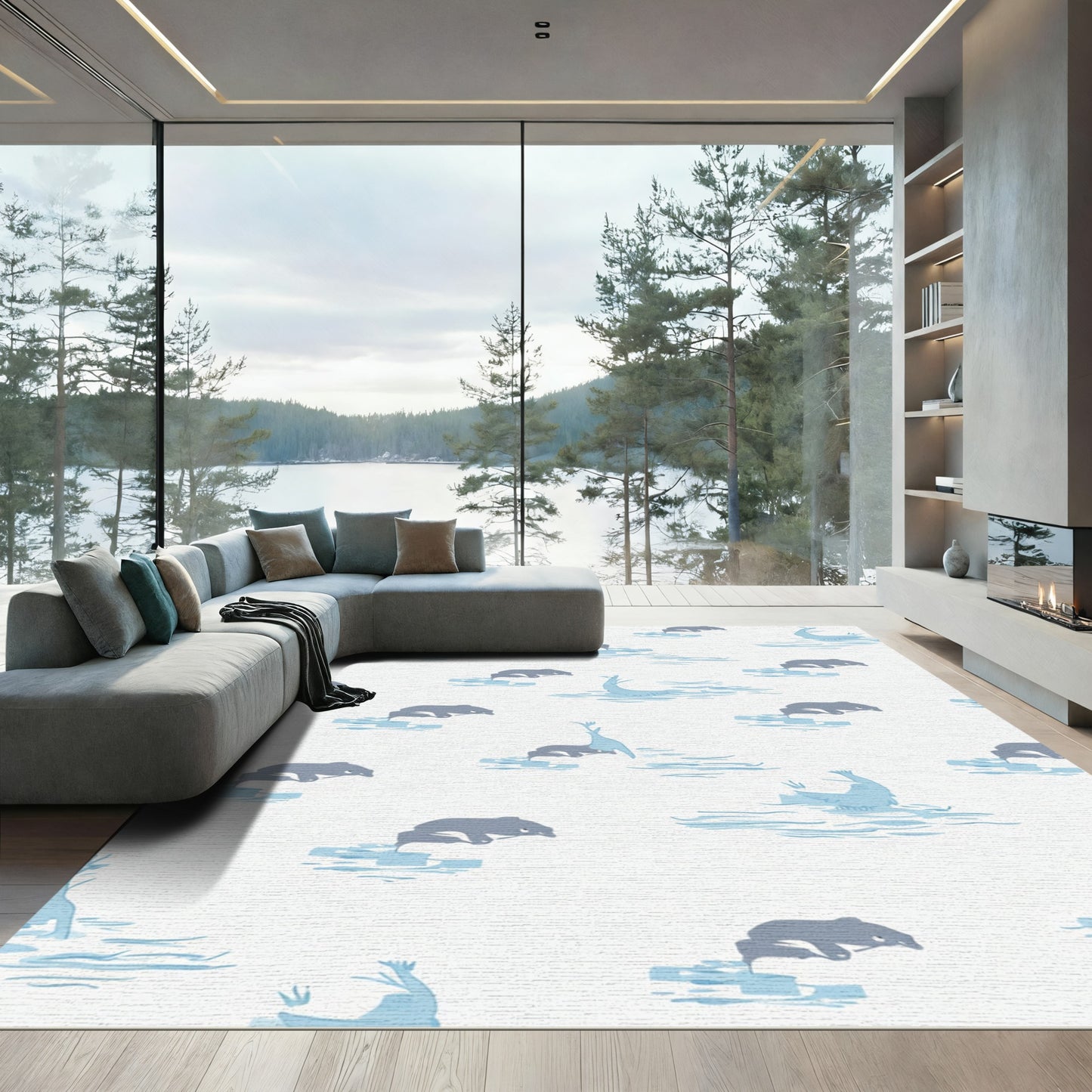 Aqua Seals Leaping Ice Floes Rug