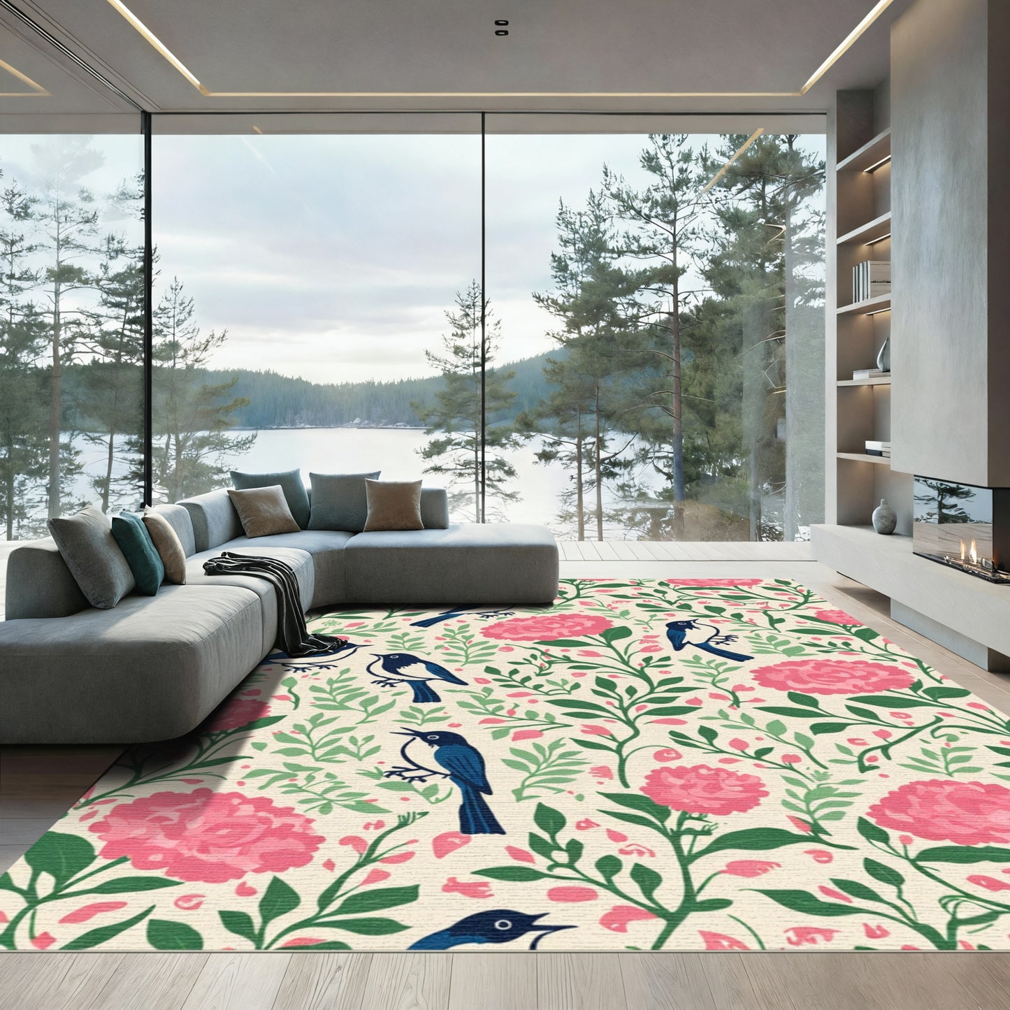 Pink Blossom Blue Bird Garden Rug